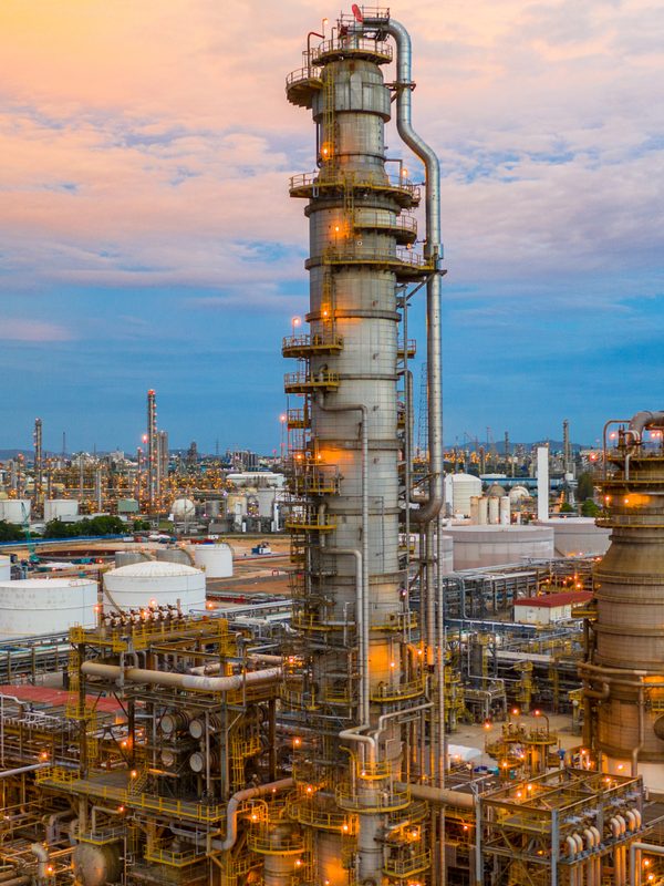 Colonne de distillation d’une raffinerie illuminée au crépuscule