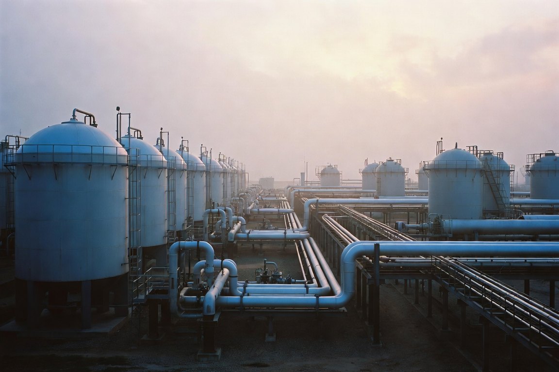 Parc de stockage pétrolier et réseaux de transfert au crépuscule